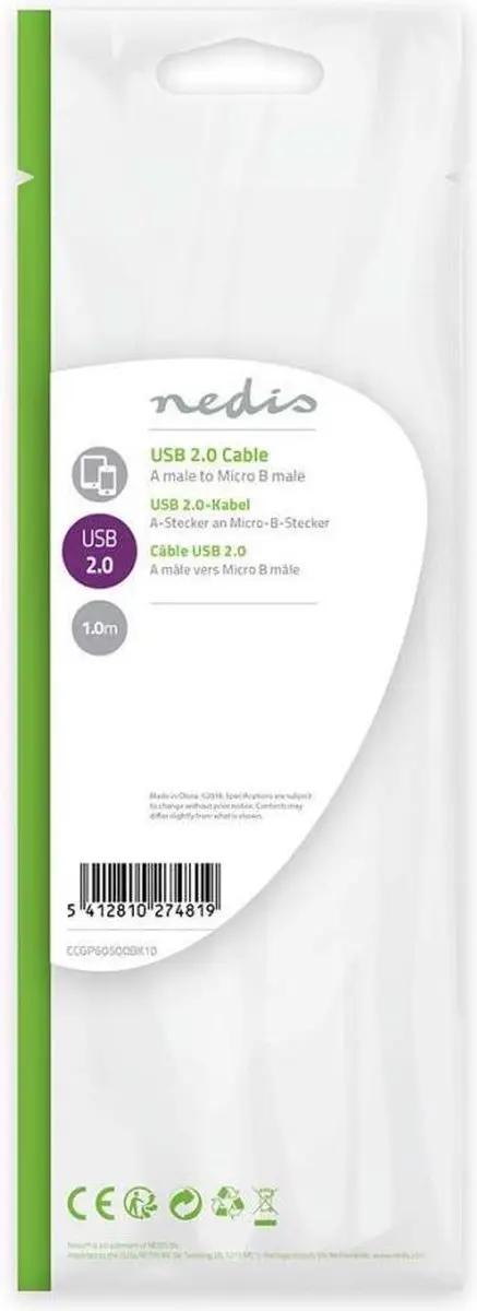 Nedis USB 2.0 Kabel A-MicroB 10W 480Mbps 1m - Zwart