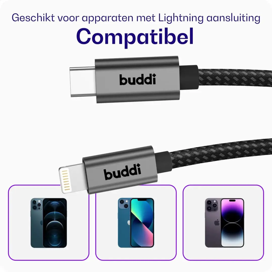 Buddi Flex USB-C naar Lightning Kabel 20W 10M - Zwart