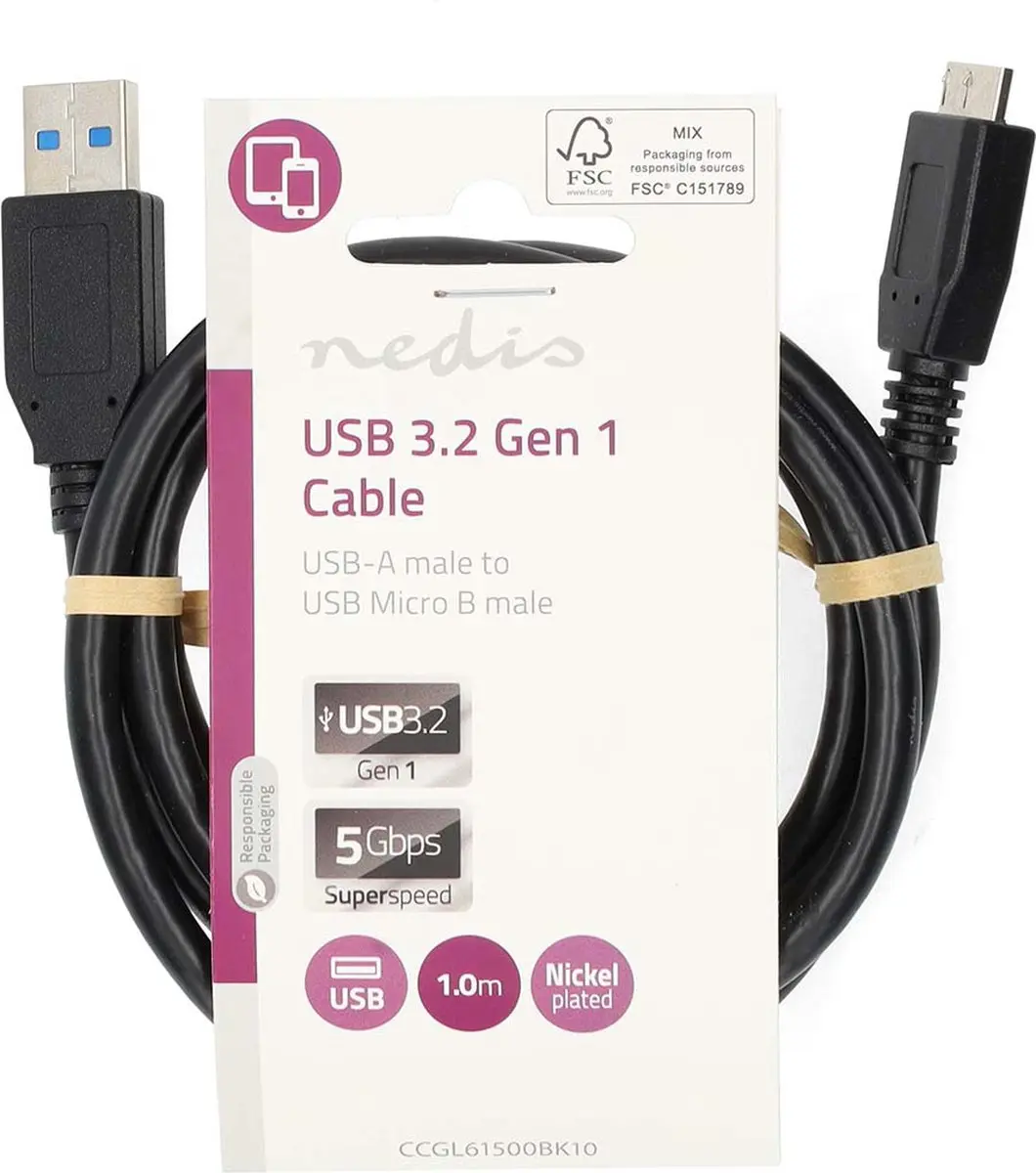 Nedis USB 3.2 Gen 1 A-MicroB Kabel 5Gbps 1m - Zwart