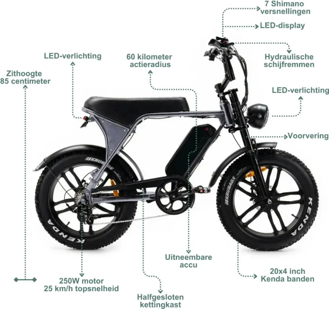 OUXI V8 Elektrische Fatbike 250W - 7 Versnellingen - 720Wh - Zwart