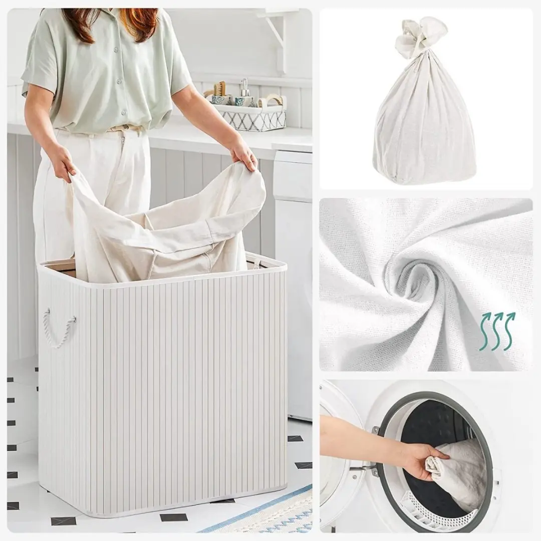 Songmics Wasmand 150L - 3 Sorteervakken - Bamboe/Wit LCB091W01