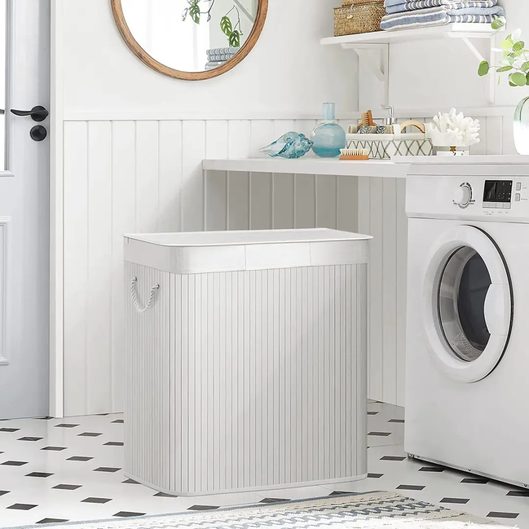 Songmics Wasmand 150L - 3 Sorteervakken - Bamboe/Wit LCB091W01