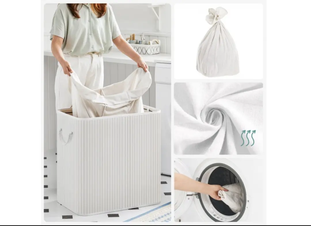 Songmics Wasmand 150L - 3 Sorteervakken - Bamboe/Wit LCB091W01