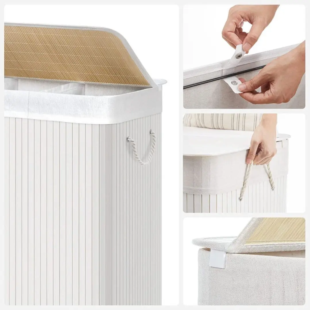 Songmics Wasmand 150L - 3 Sorteervakken - Bamboe/Wit LCB091W01 - afbeelding 6 van 6