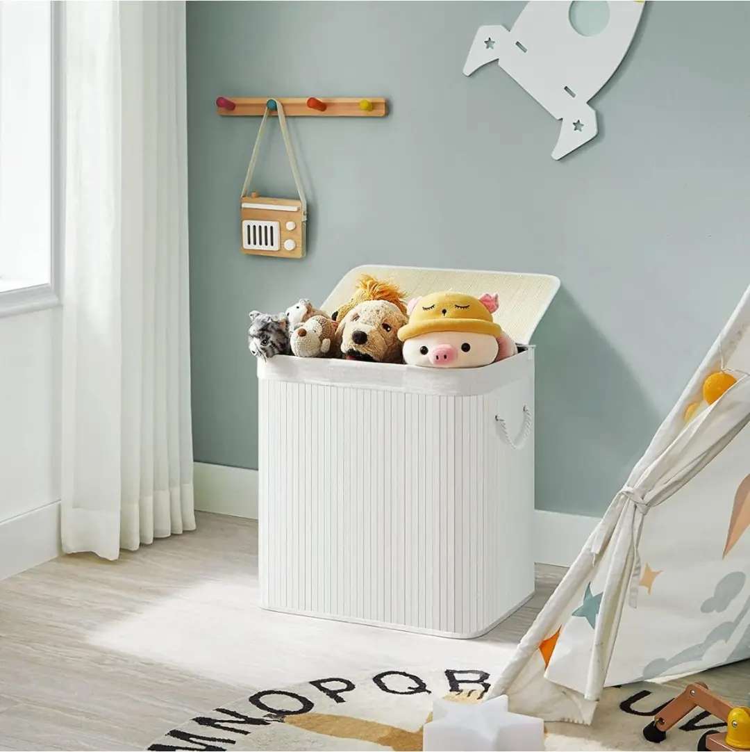 Songmics Wasmand 150L - 3 Sorteervakken - Bamboe/Wit LCB091W01