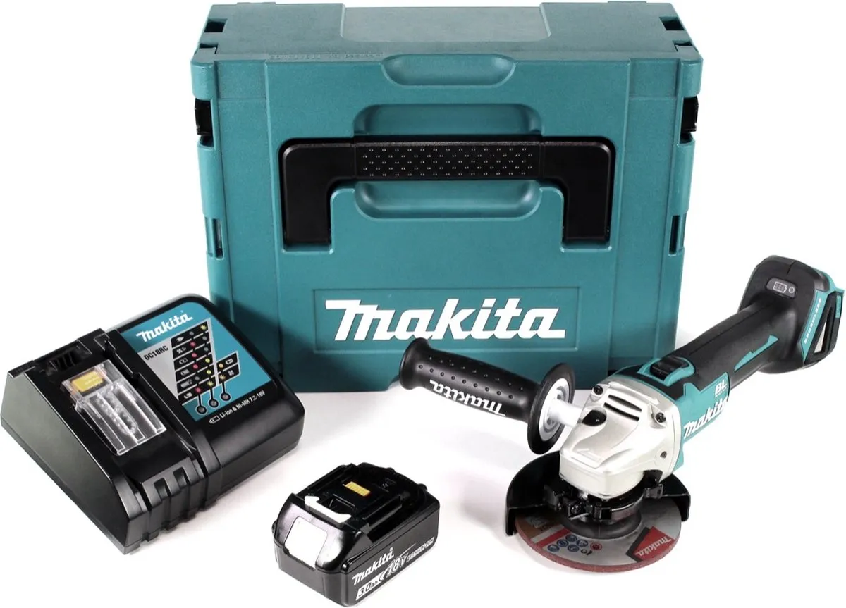 Makita DGA 504 RF1J Haakse Slijper 18V - 125mm Borstelloos - 3,0Ah + Oplader