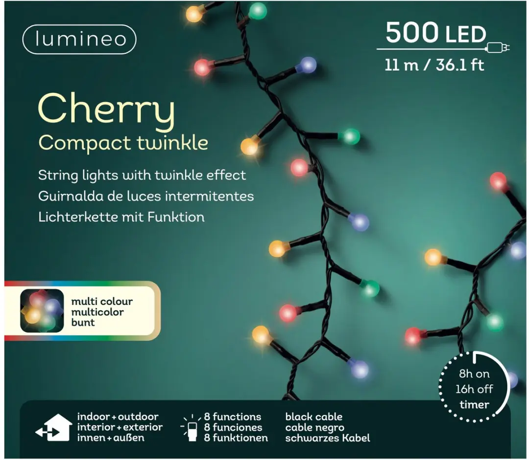 Lumineo Lichtsnoer 500 LED - Gekleurd Cherry Twinkle - Met Afstandsbediening