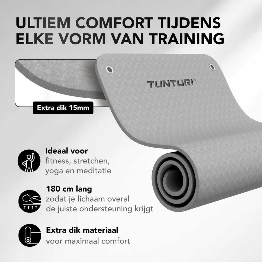 Tunturi Platinum Fitnessmat 180cm - 15mm Grijs
