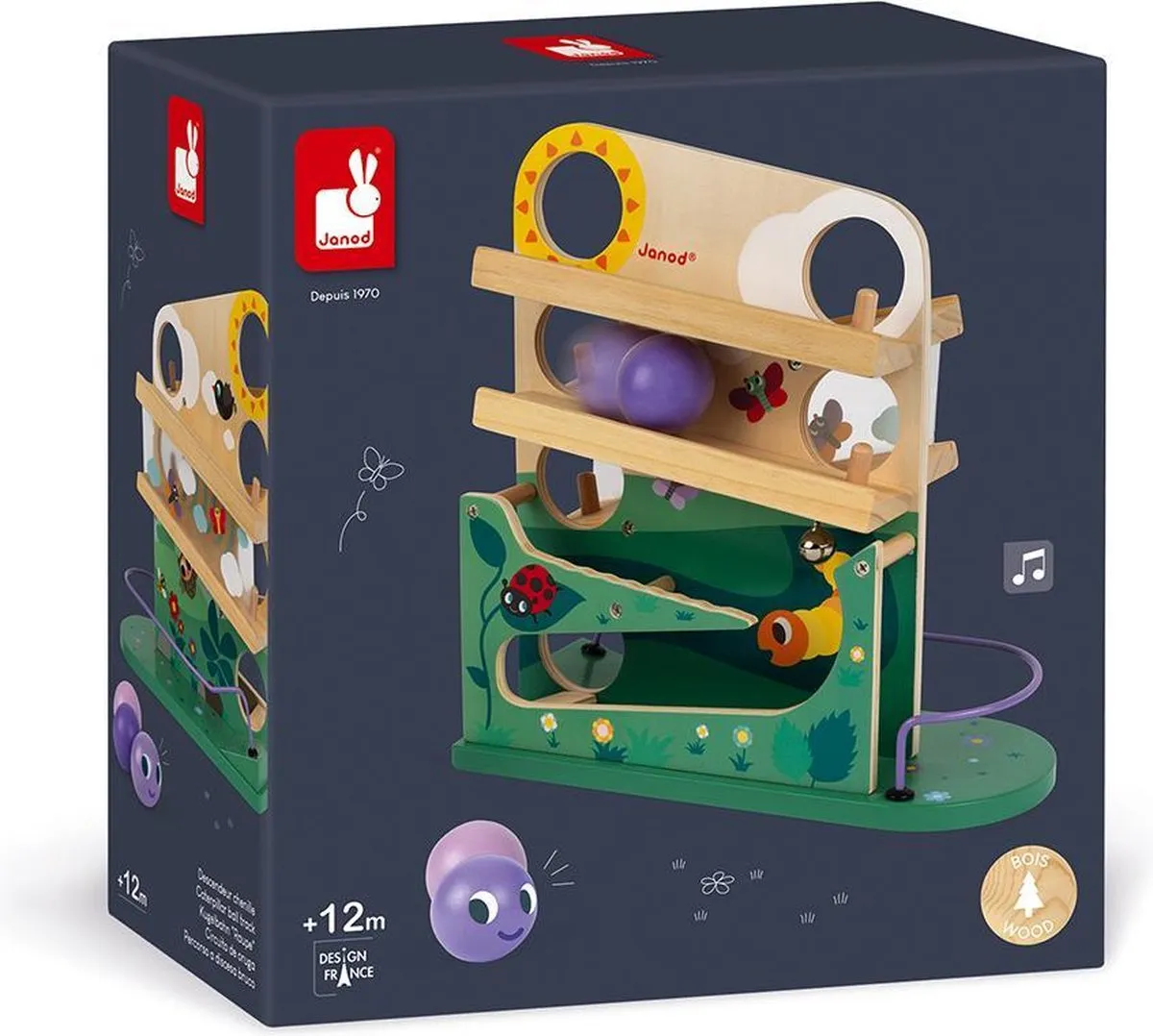 Janod Houten Ballenbaan Rups - Met Bel - 3 Ballen - Multi