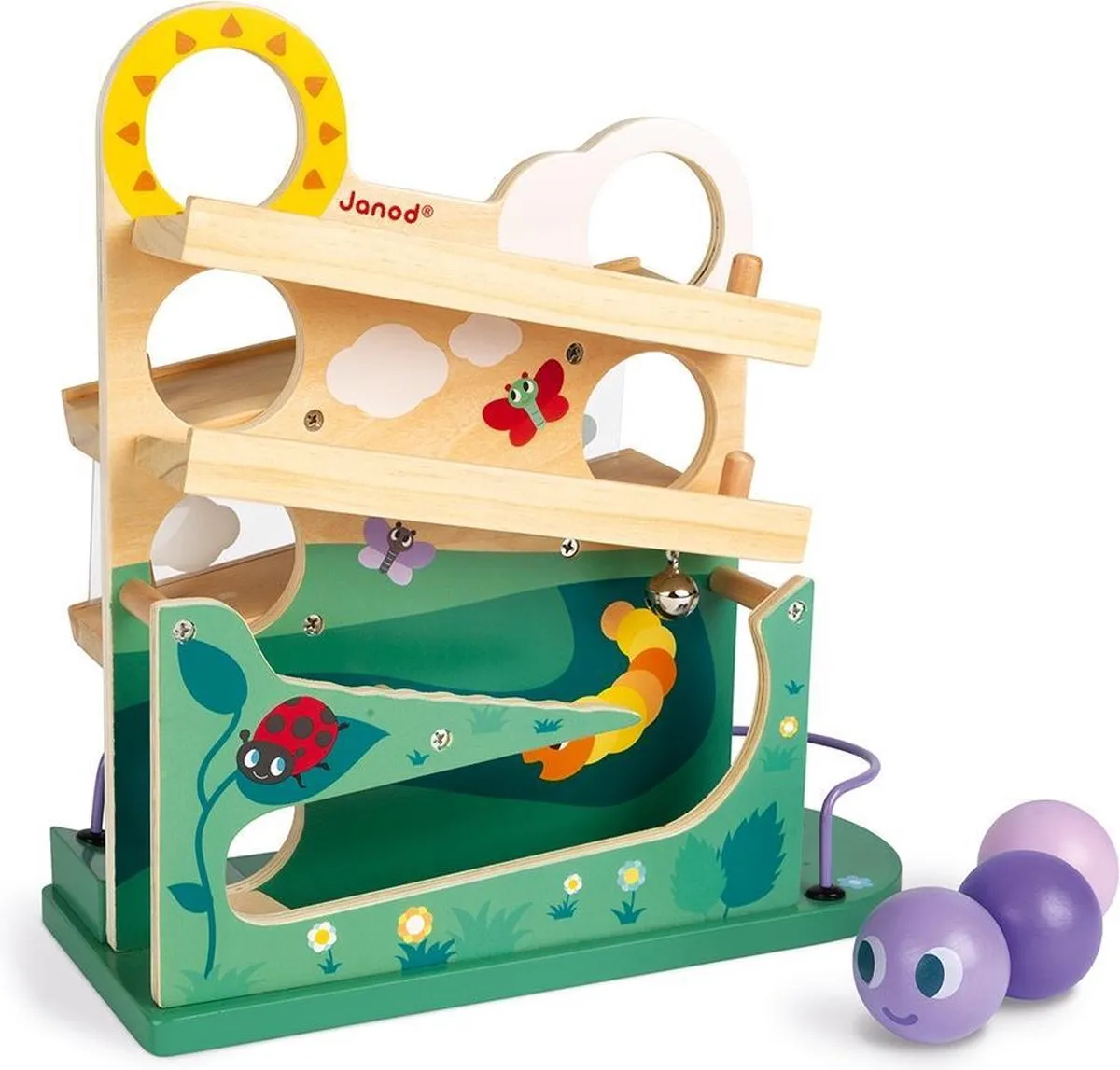 Janod Houten Ballenbaan Rups - Met Bel - 3 Ballen - Multi