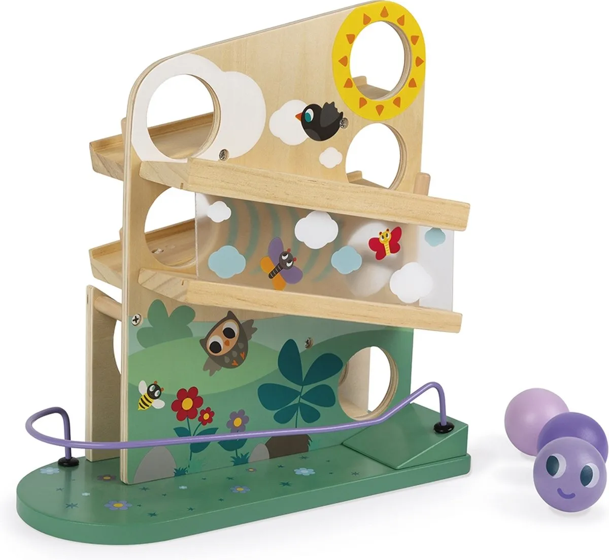 Janod Houten Ballenbaan Rups - Met Bel - 3 Ballen - Multi