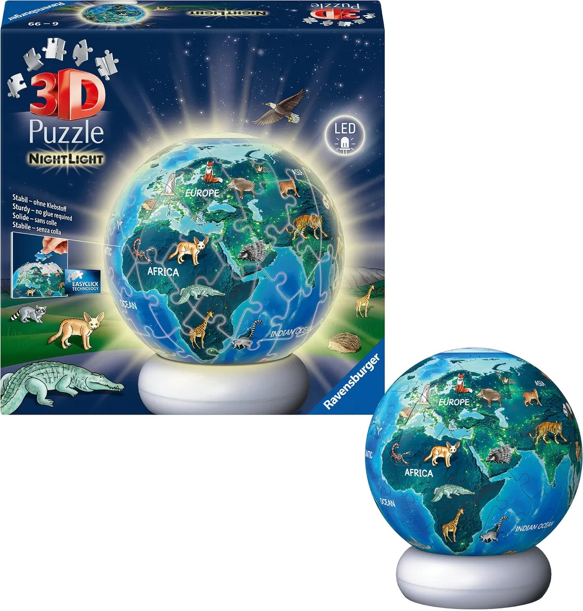 Ravensburger Aarde met Diermotieven 3D Puzzle-Ball Nachtlicht 73 Stukjes