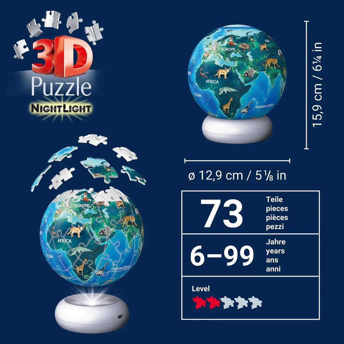 Ravensburger Aarde met Diermotieven 3D Puzzle-Ball Nachtlicht 73 Stukjes