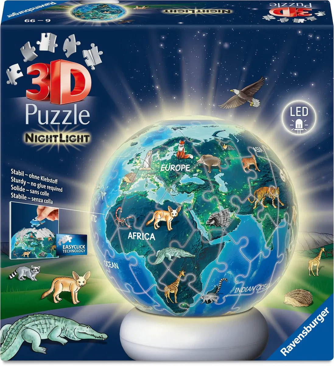 Ravensburger Aarde met Diermotieven 3D Puzzle-Ball Nachtlicht 73 Stukjes