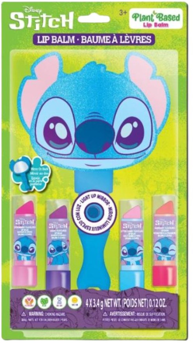 Disney Stitch make-up set – spiegel met verlichting en 3D design + 4 lippenstiften – geschenkset voor kinderen – blauw