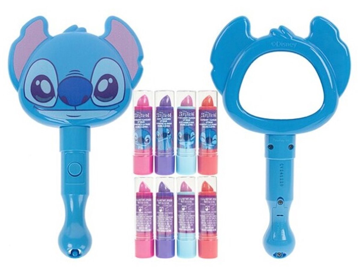 Disney Stitch make-up set – spiegel met verlichting en 3D design + 4 lippenstiften – geschenkset voor kinderen – blauw