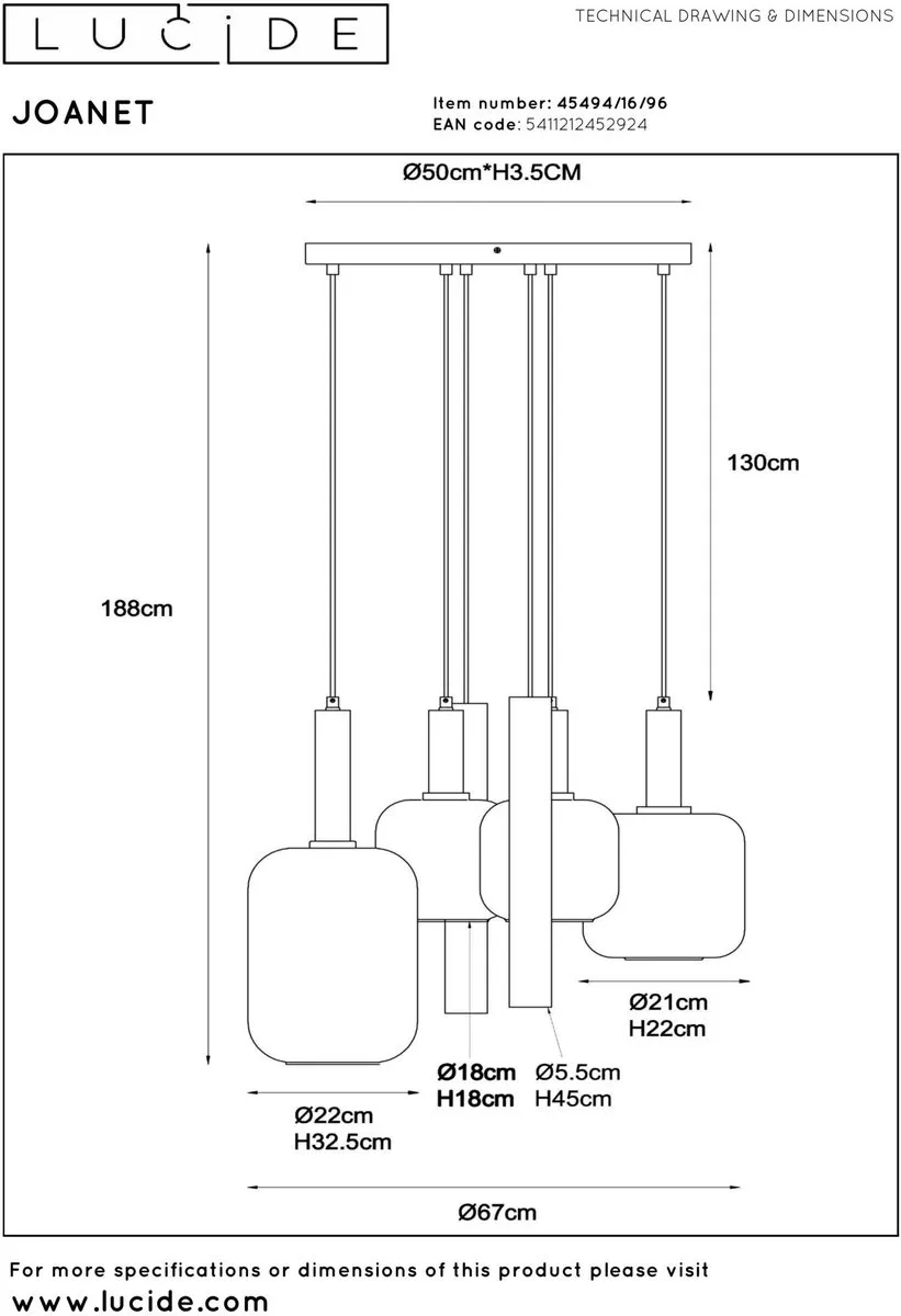 Lucide Joanet Hanglamp Ø65cm - 4xE27 Messing