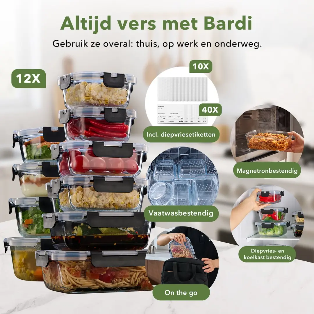 Bardi Glas Meal Prep Bakjes 12-delig - 6,79L - Transparant