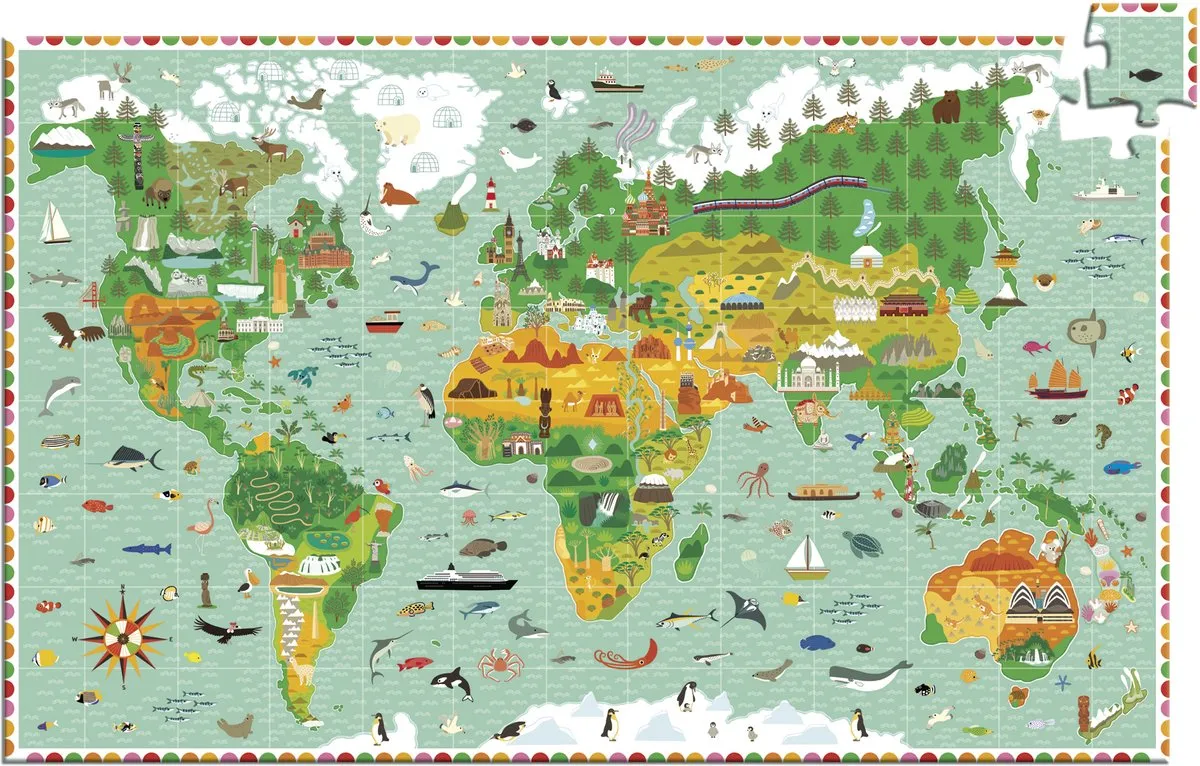 Djeco Wereldkaart Puzzel DJ07412 - 200 Stuks - Multicolor