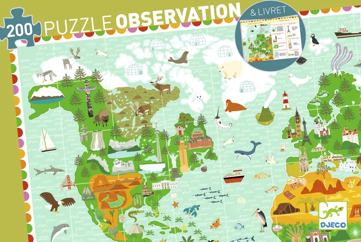 Djeco Wereldkaart Puzzel DJ07412 - 200 Stuks - Multicolor