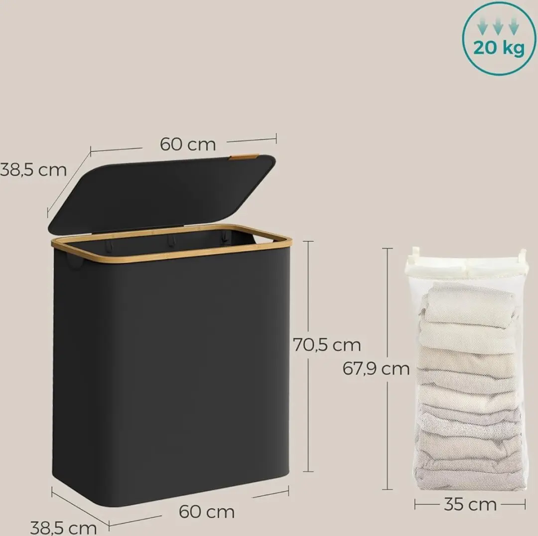 Songmics Wasmand met deksel 150L - 3 vakken - Inktzwart
