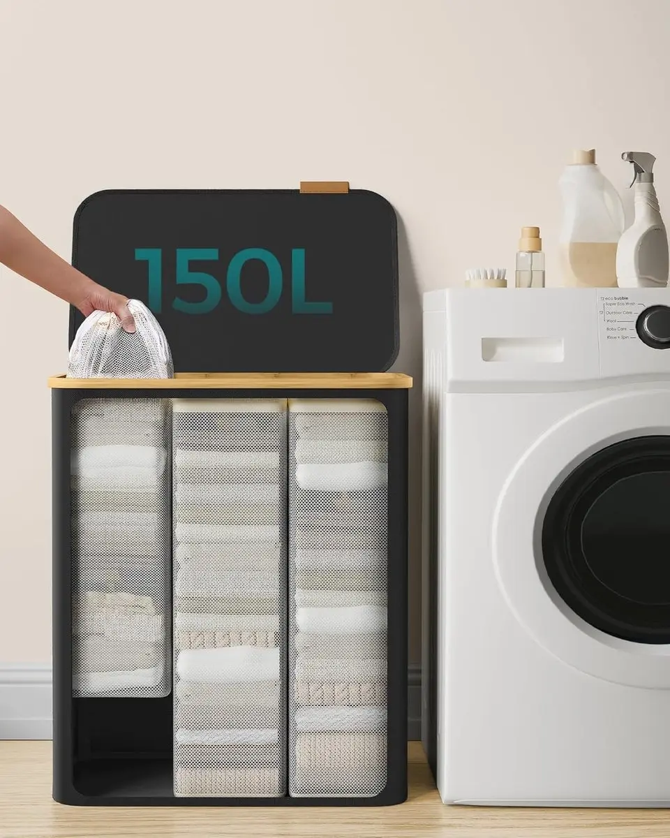 Songmics Wasmand met deksel 150L - 3 vakken - Inktzwart - afbeelding 6 van 6