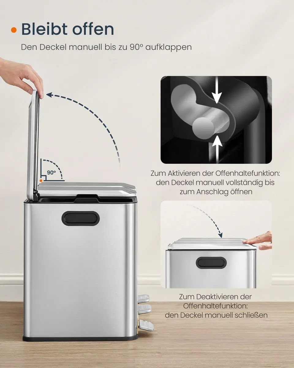 Songmics Keukenafvalemmer 45L - 3x15L Pedaal - Zilver