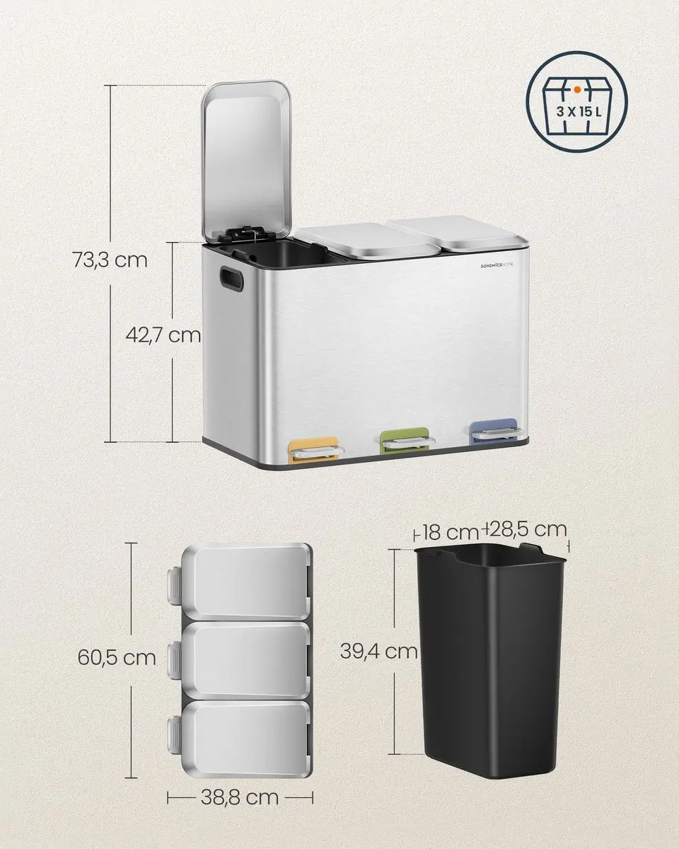 Songmics Keukenafvalemmer 45L - 3x15L Pedaal - Zilver