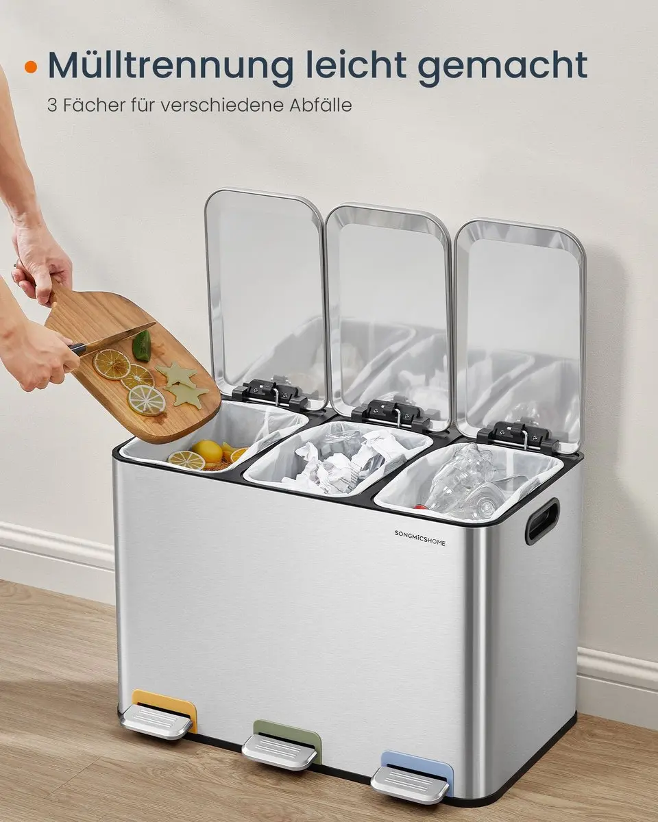 Songmics Keukenafvalemmer 45L - 3x15L Pedaal - Zilver