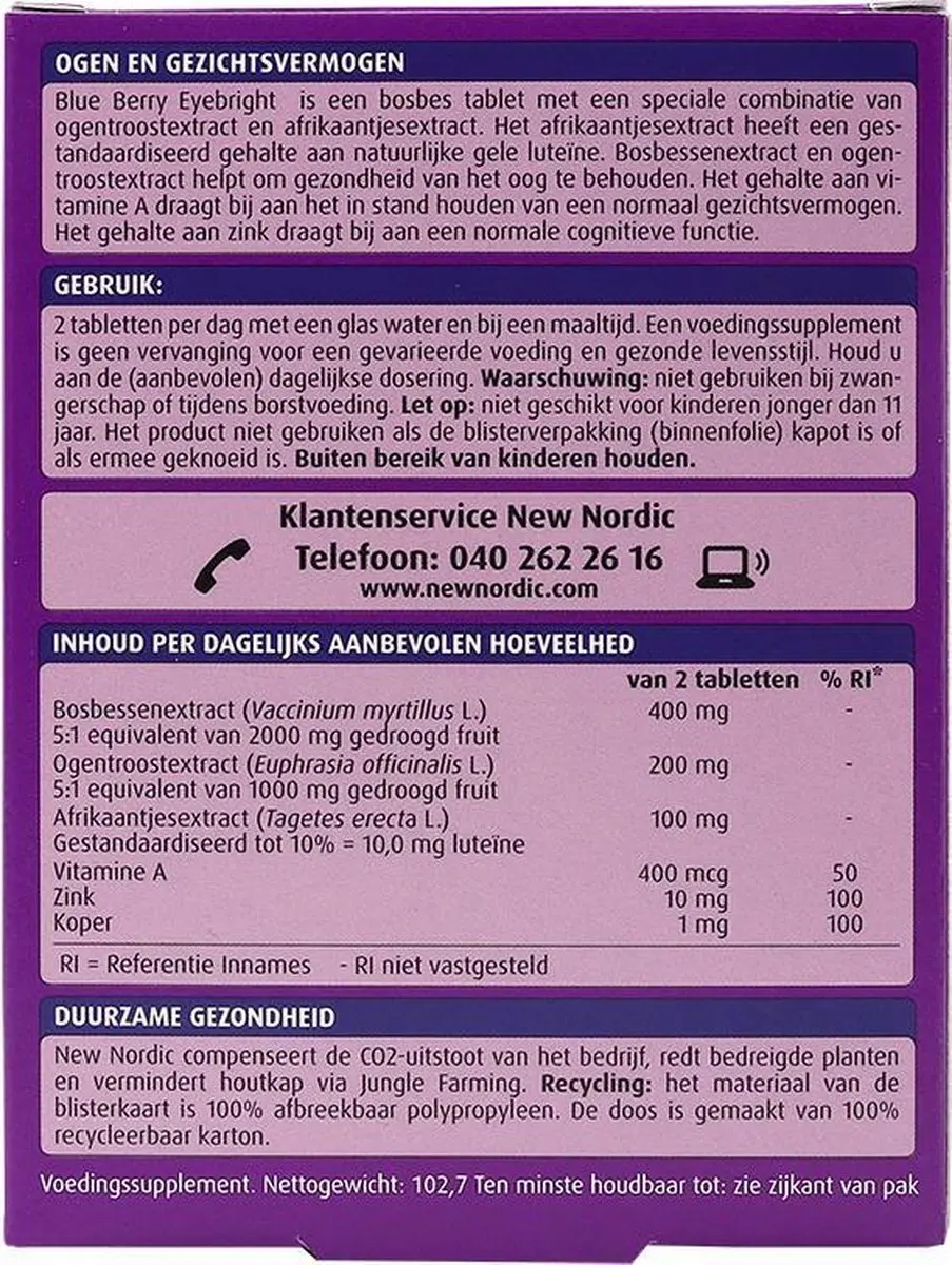 New Nordic Blue Berry Eyebright Voedingssupplement 120 Tabletten