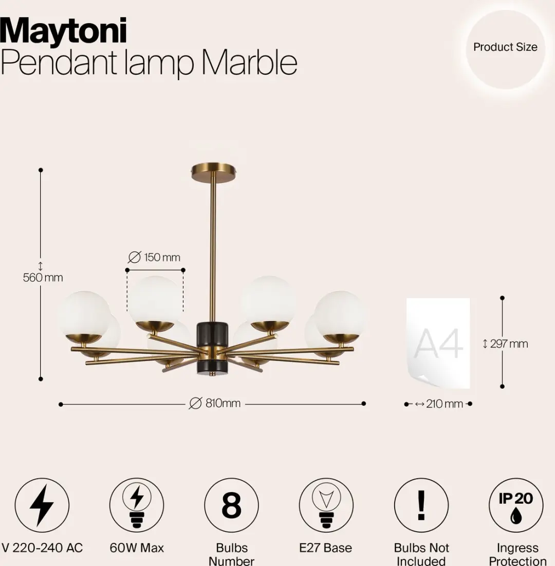 Maytoni Marble Hanglamp - 8x60W - Ø81cm - Goud