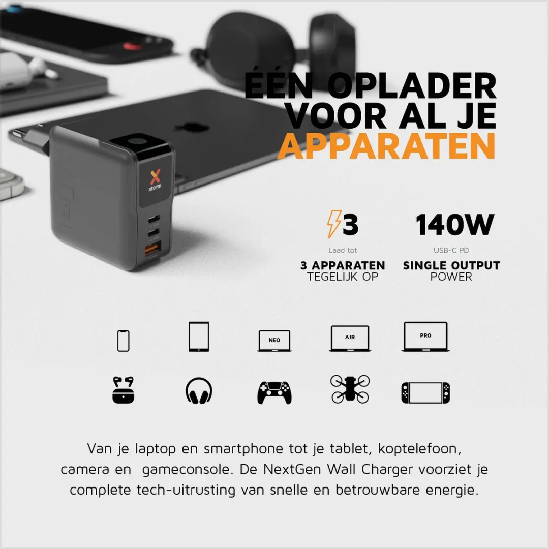Xtorm XECNG1401 USB-C Oplader 140W - 3x USB - Zwart