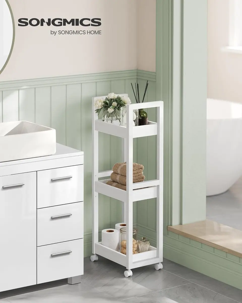 Songmics Bamboe Badkamerplank Trolley 3-niveaus 20x30x80cm Wit