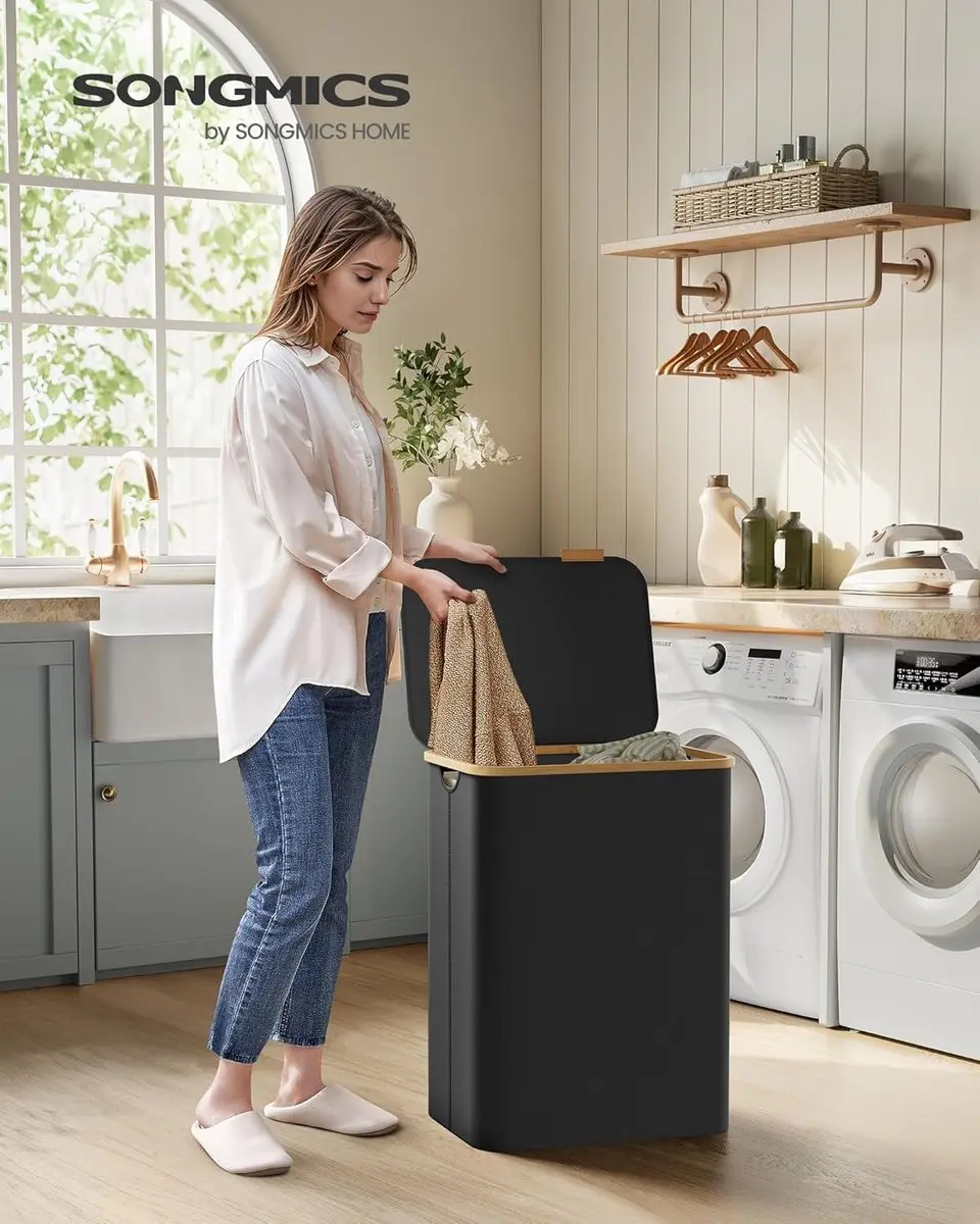 Songmics Wasmand met deksel 130L - 2 Compartimenten - Inktzwart
