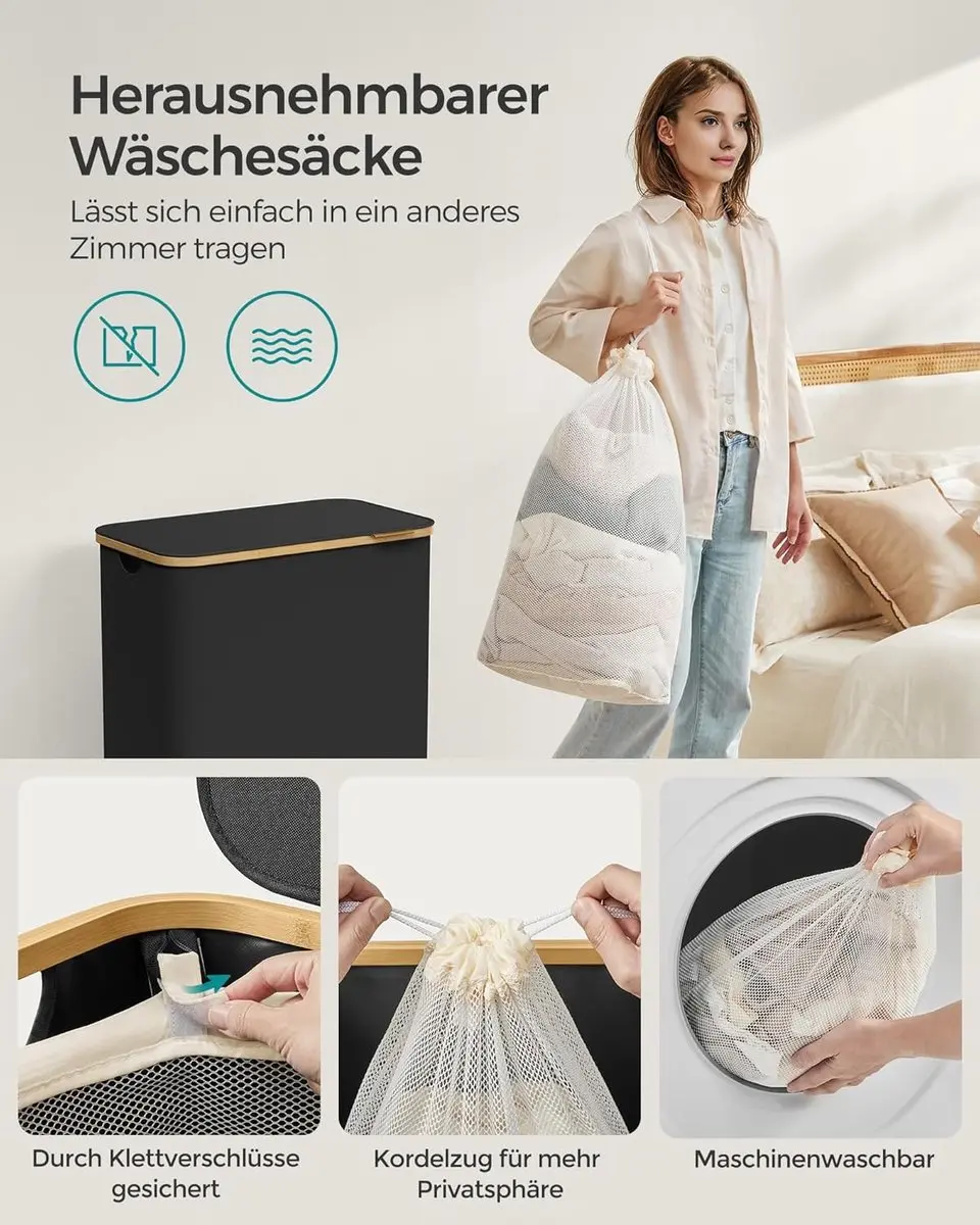 Songmics Wasmand met deksel 130L - 2 Compartimenten - Inktzwart