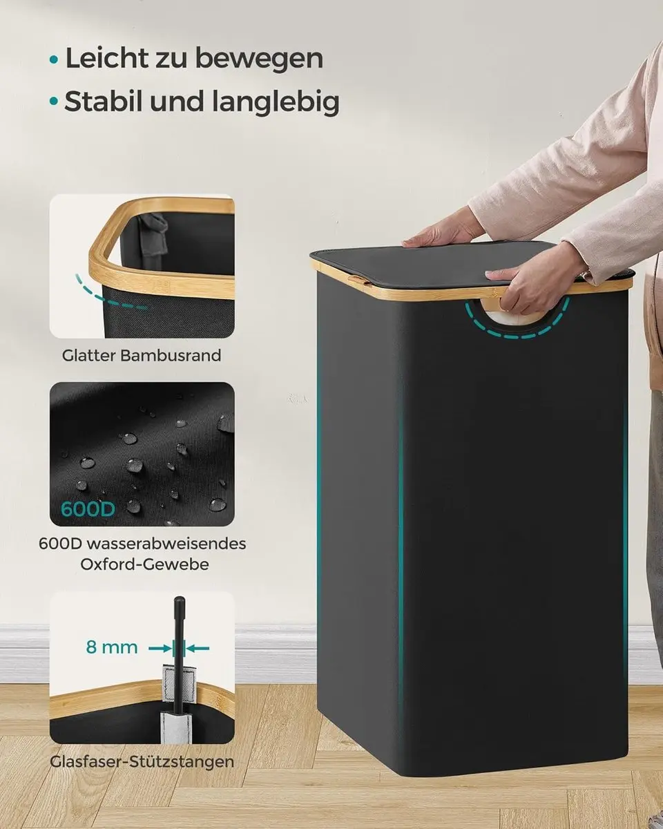 Songmics Wasmand met deksel 130L - 2 Compartimenten - Inktzwart