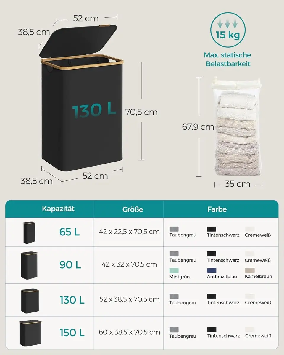Songmics Wasmand met deksel 130L - 2 Compartimenten - Inktzwart