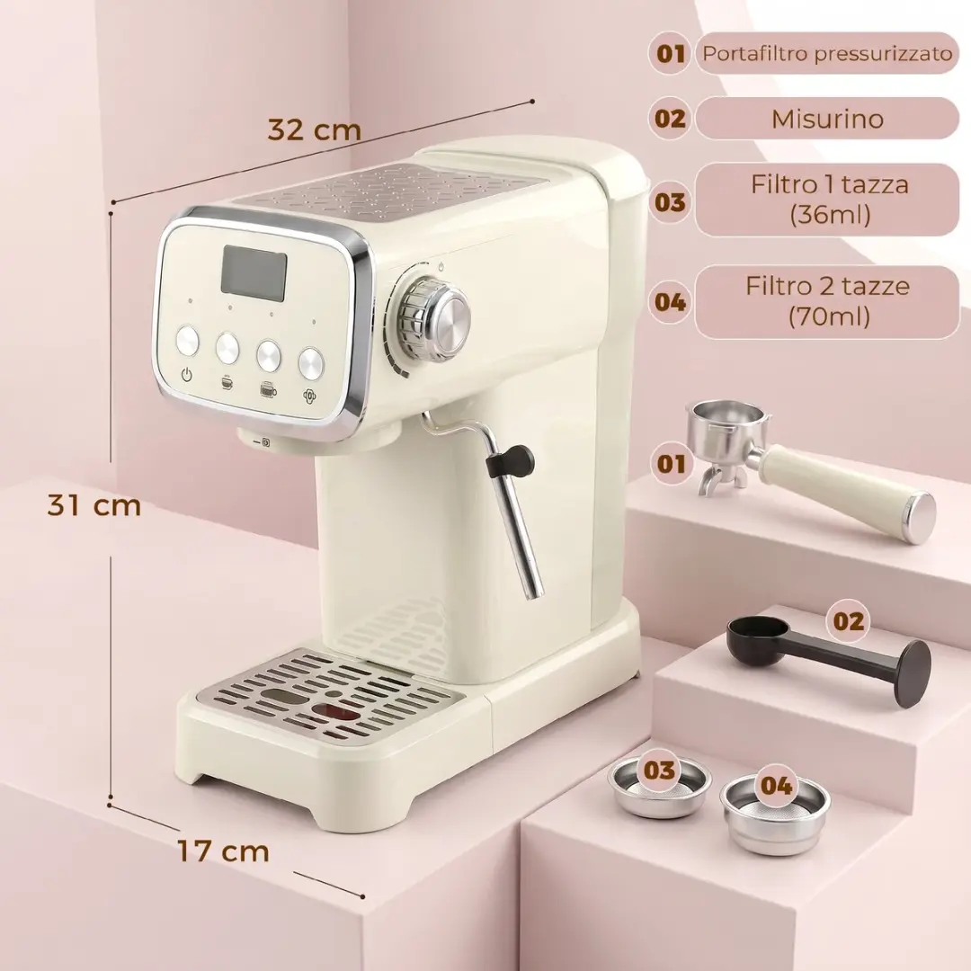 ECTEATOY Piston Espressomachine 20 Bar 1350W - 1.2L - Crème - afbeelding 6 van 6