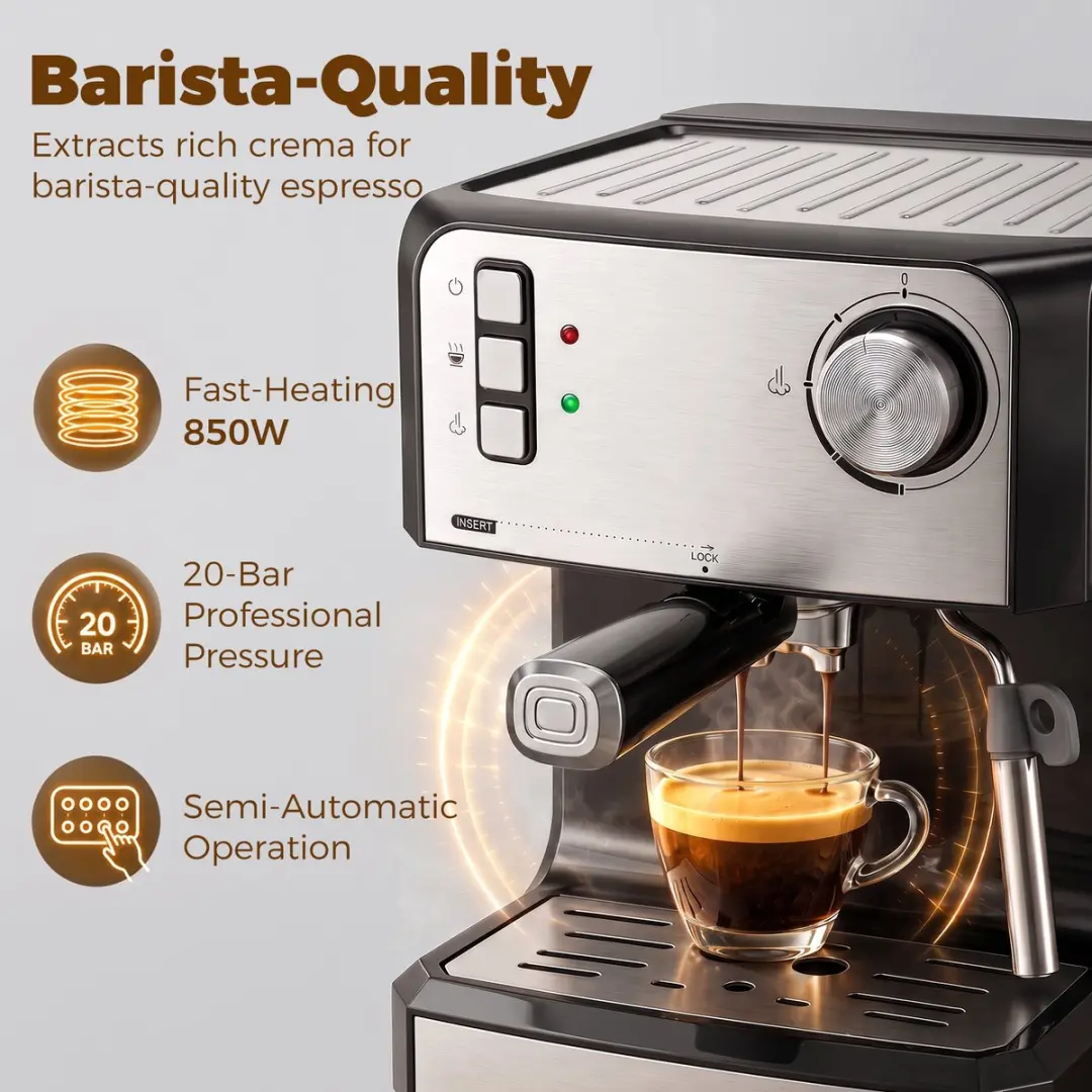ECTEATOY Piston Espressomachine - 20 Bar - 1,6L - 850W - Zwart - afbeelding 6 van 6