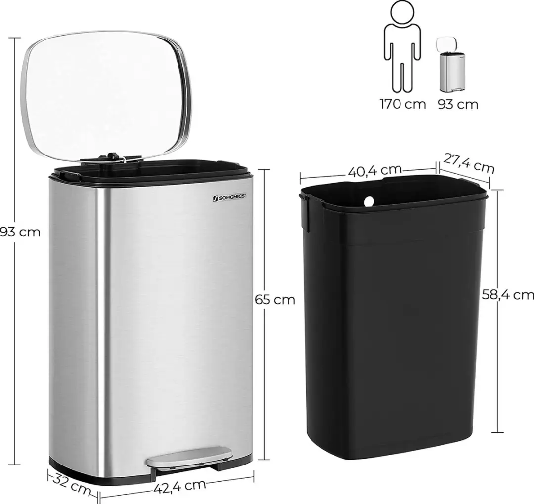 Songmics Pedaalprullenbak 50L - Zilver LTB050E01