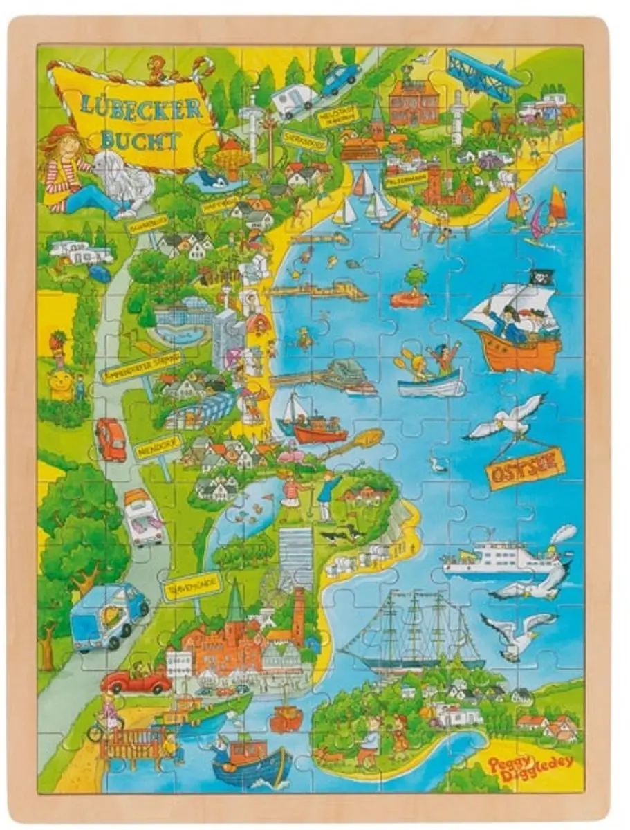 Goki houten puzzel Peggy Diggledey Lübeck baai 96 stukjes kinderpuzzel.