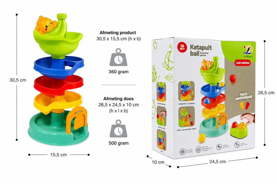 YJ Toys Ballenbaan Katapult - 9 Onderdelen - 30,5cm Hoog - Mix - afbeelding 6 van 6