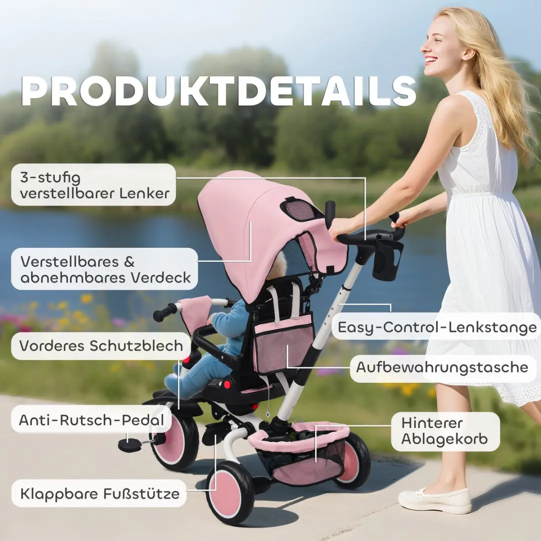 ECTEATOY 6-in-1 Driewieler Roze - 360° Draaibaar