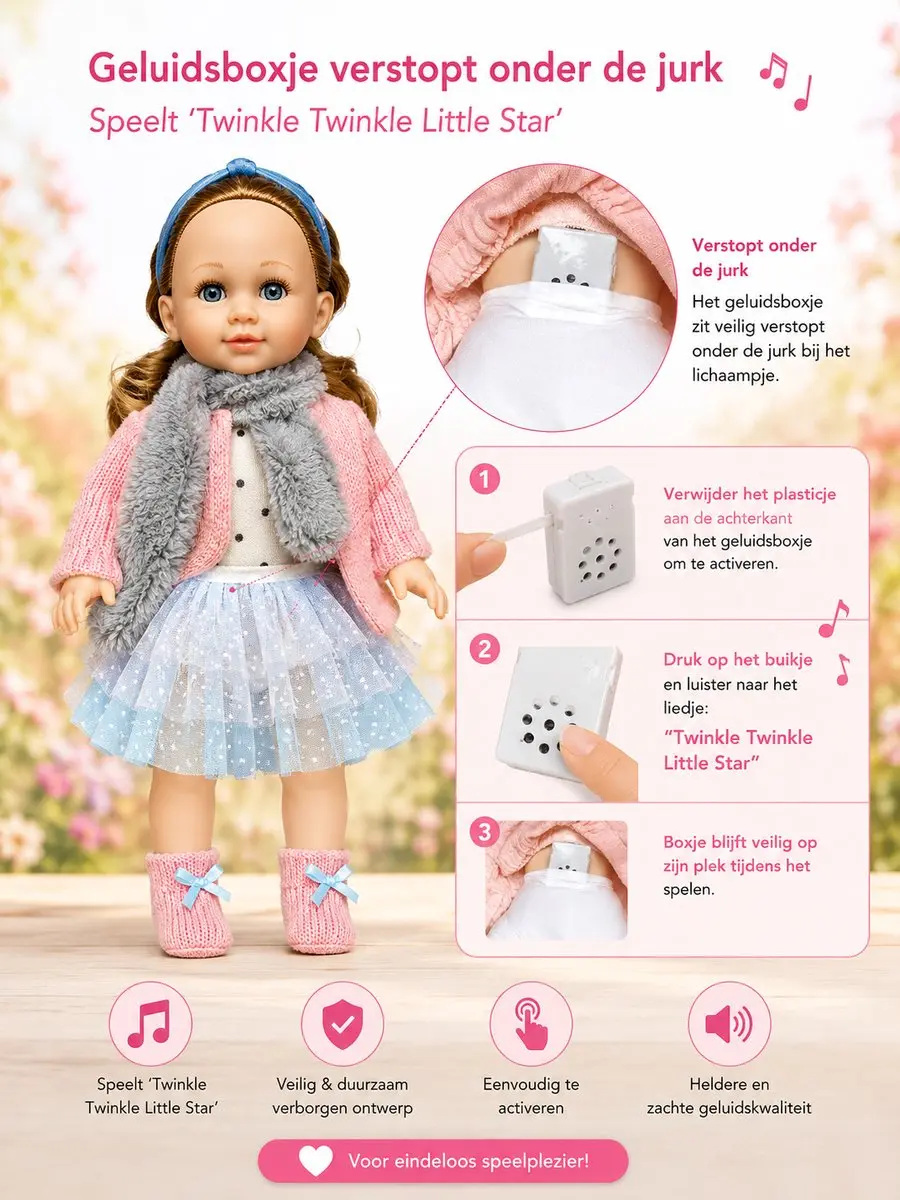 Ledy Toys Knuffelpop 1999 - Roze - 40cm - Met Geluid Twinkle Twinkle