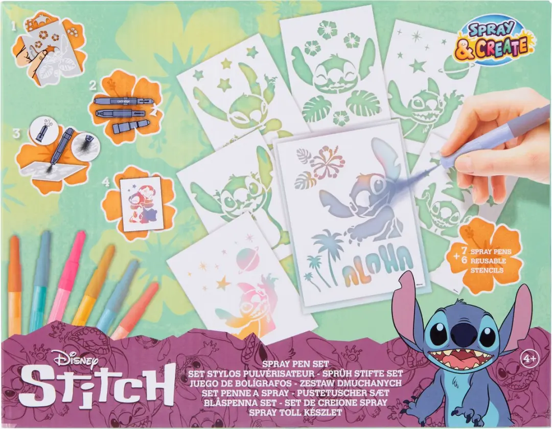 Disney Stitch Spray Pen Set - 7 Pens + 6 Stencils