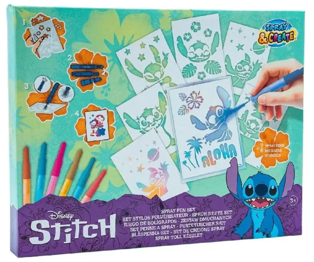 Disney Stitch Spray Pen Set - 7 Pens + 6 Stencils
