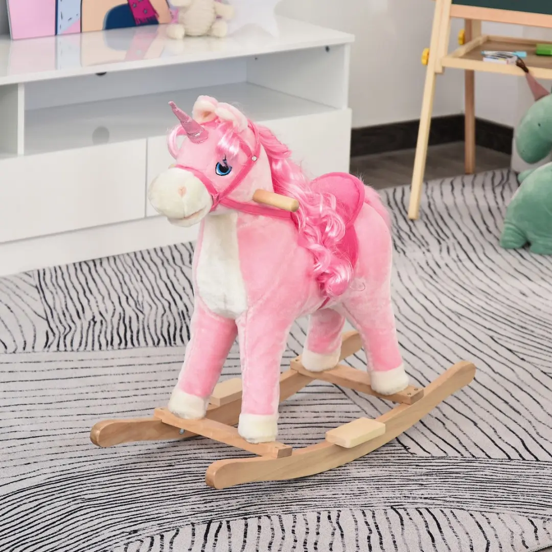 Homcom Kinderschommelpaard Hout 74x33x62cm Roze - afbeelding 3 van 6