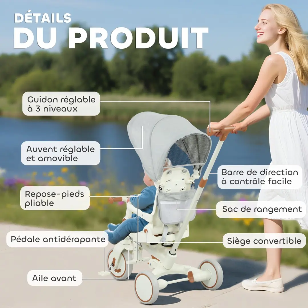 ECTEATOY 5-in-1 Opvouwbare Driewieler - Crème