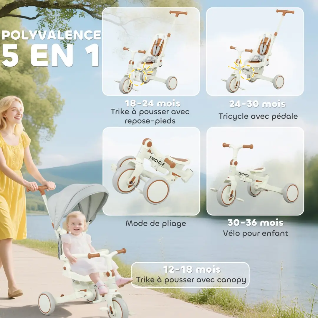 ECTEATOY 5-in-1 Opvouwbare Driewieler - Crème