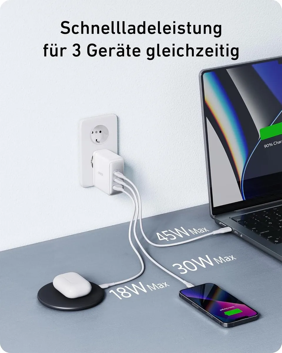 Anker 736 Nano II 100W USB-C Oplader - 3 Poorten - Wit - afbeelding 2 van 6